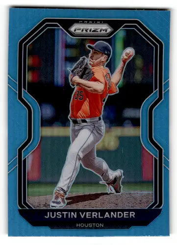 Justin Verlander baseball card from 2021 Panini Prizm Carolina Blue Prizm collection