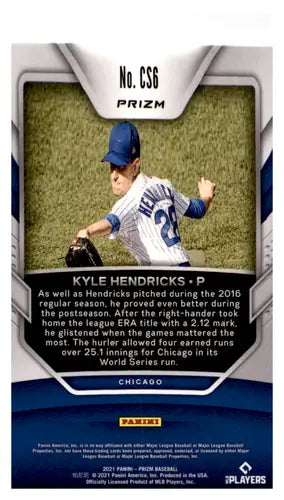 Baseball card featuring Kyle Hendricks from Panini Prizm Championship Stage Silver Prizm