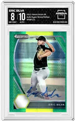 Eric Silva baseball card with autograph from 2021 Panini Prizm DP Eric PDP115 Auto Hyper Green Yellow Arena Club
