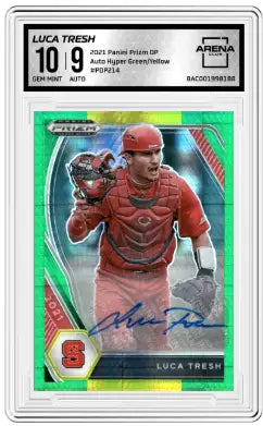 2021 Panini Prizm DP Luca Tresh auto hyper green baseball card displayed in Arena Club