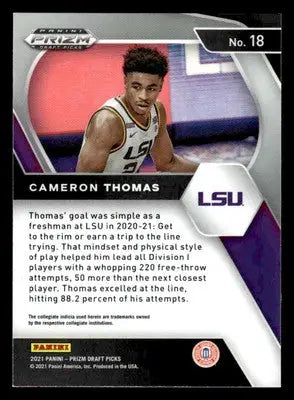 2021 Panini Prizm Draft Picks #18 Cameron Thomas Base LSU - Basketball Card Single