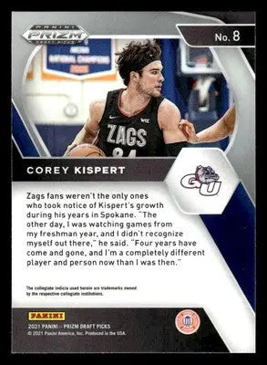 2021 Panini Prizm Draft Picks #8 Corey Kispert - Basketball Card Single