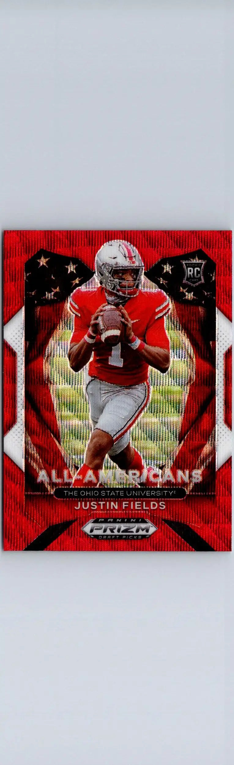 Red and white Justin Fields Panini Prizm Draft Picks football trading card