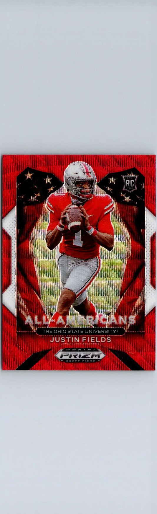 Red and white Justin Fields Panini Prizm Draft Picks football trading card
