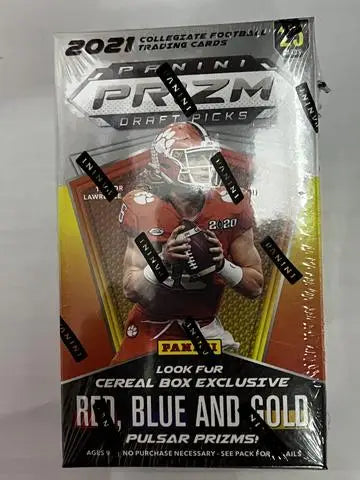 Sealed 2021 Panini Prizm Draft Picks football cereal box with collectible card box