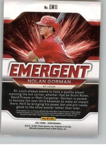 Nolan Gorman baseball card from Panini Prizm Emergent series with original gloss