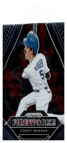 Original gloss Panini Prizm Fireworks Corey Seager baseball trading card with batting stance