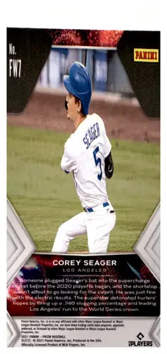 Baseball card featuring Corey Seager of the Los Angeles Dodgers from Panini Prizm Fireworks
