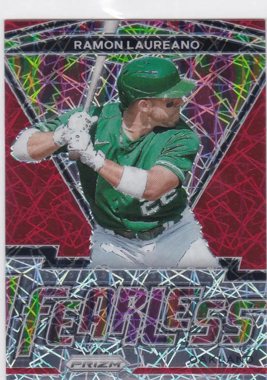 Baseball trading card of Fearless Ramon Laureano in green uniform at bat