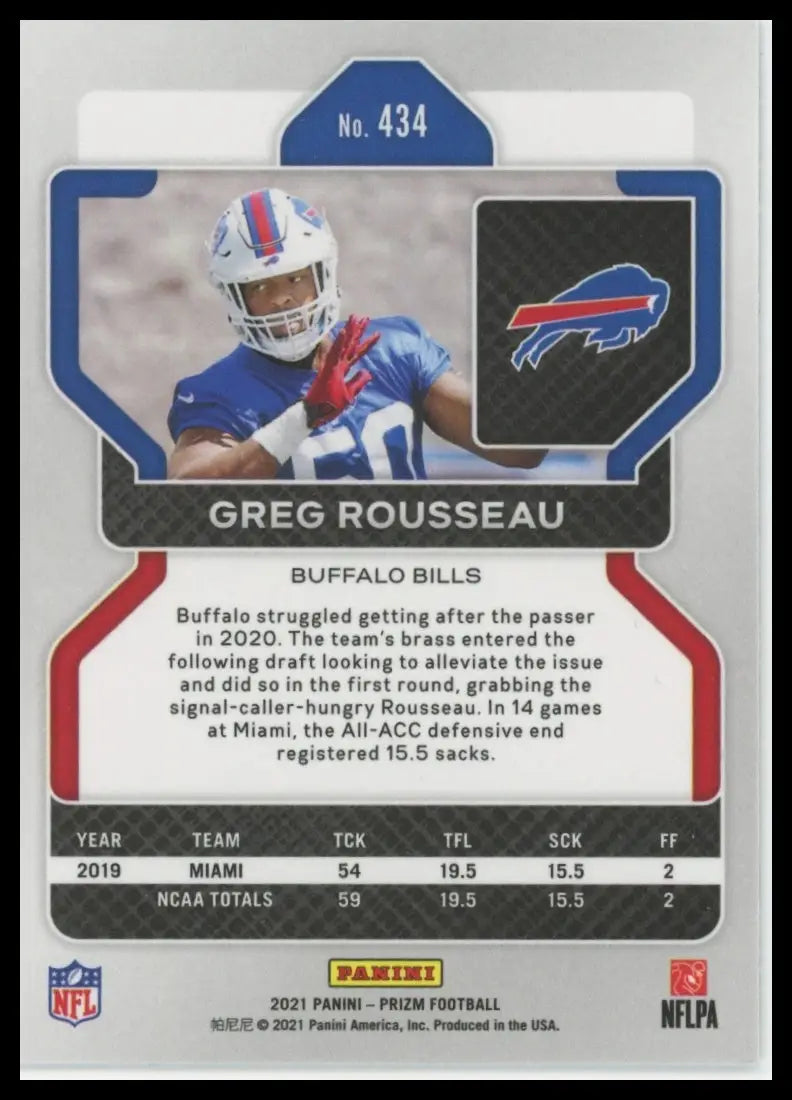 2021 Panini Prizm Greg Rousseau RC 434 Buffalo Bills - Football Card Single