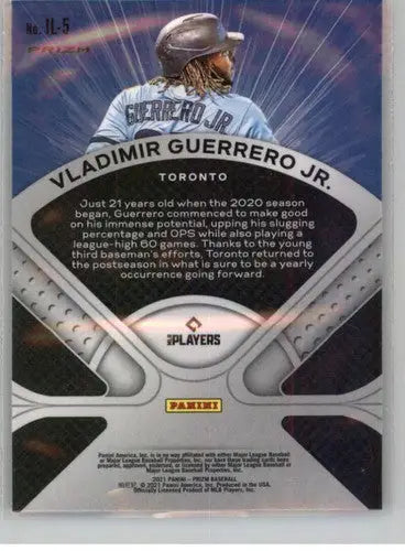 Baseball card back from 2021 Panini Prizm Illumination Green Prizm Vladimir Guerrero Jr
