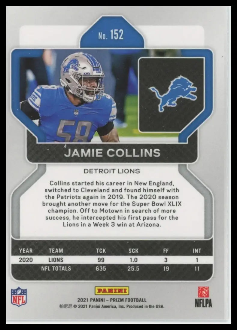 2021 Panini Prizm Jamie Collins 152 Detroit Lions NM - Football Card Single