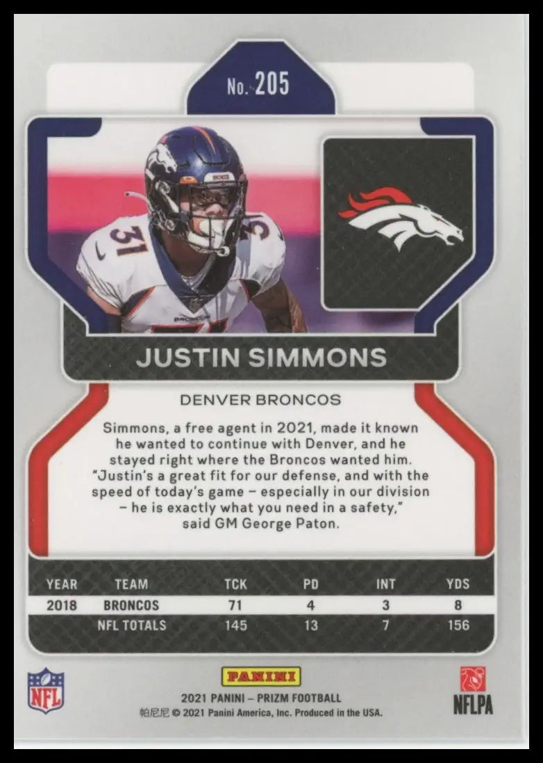 2021 Panini Prizm Justin Simmons 205 Denver Broncos NM - Football Card Single