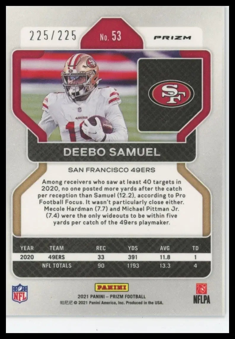 2021 Panini Prizm Purple Ice 225/225 Deebo Samuel 53 San Francisco 49ers Bookend