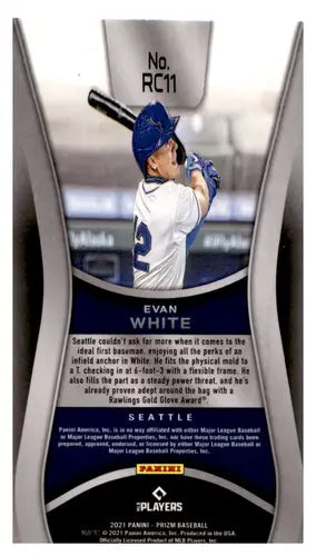 Back of a Panini Prizm Rookie baseball trading card featuring Evan White Mariners