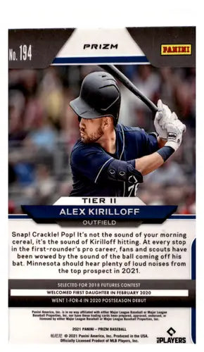 Baseball card featuring Alex Kirilloff from 2021 Panini Prizm White Wave series
