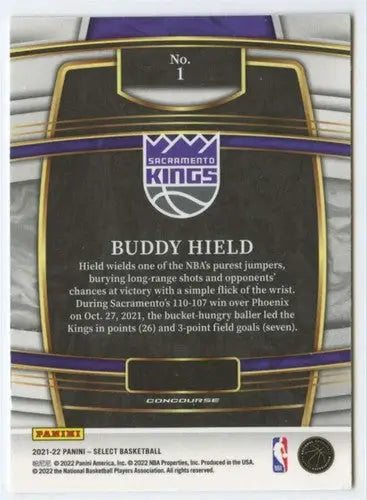 Original gloss Panini Select Blue Buddy Hield basketball card Sacramento Kings 2021