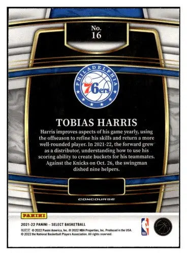 Back of Tobias Harris 2021 Panini Select Blue basketball trading card in NM-MT condition