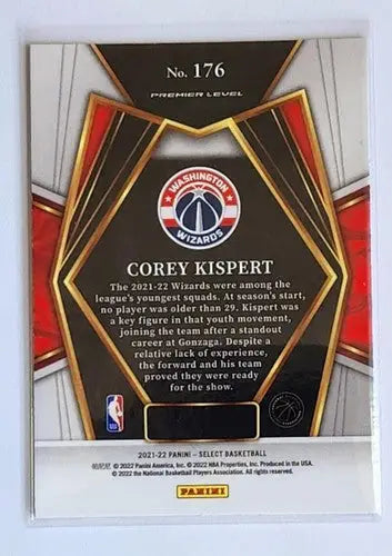 Original gloss Panini Select Blue basketball trading card of Corey Kispert Wizards
