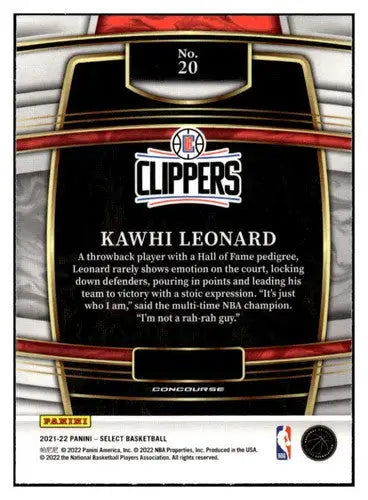Back of a Kawhi Leonard Los Angeles Clippers Panini Select Blue trading card