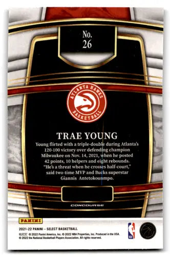 Trae Young basketball card from 2021 Panini Select Blue series, Near Mint condition
