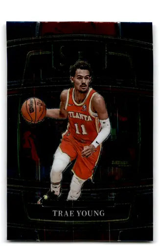 Trae Young basketball card from 2021 Panini Select Blue series, near mint condition