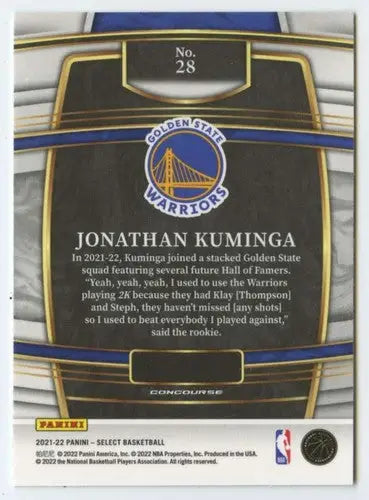 Basketball card back from 2021 Panini Select Blue featuring Jonathan Kuminga Warriors