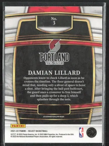Back of 2021 Panini Select Blue Damian Lillard basketball card with original gloss