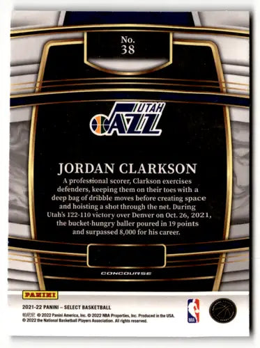 Back of a Panini Select Blue Jordan Clarkson basketball trading card for Jazz