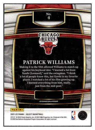 Basketball trading card of Patrick Williams from Panini Select Blue series for Chicago Bulls