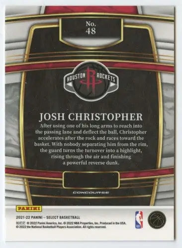 Back of a 2021 Panini Select Blue Josh Christopher Houston Rockets trading card with original gloss