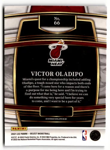 Back of 2021 Panini Select Blue Victor Oladipo Miami Heat trading card
