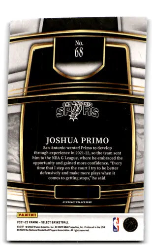 Joshua Primo basketball card from Panini Select Blue 2021 Spurs Concourse NM