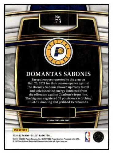 Back of 2021 Panini Select Blue Domantas Sabonis basketball trading card with Pacers design