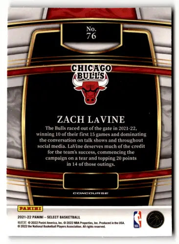 Back of a Zach LaVine Chicago Bulls Panini Select Blue trading card in NM-MT condition