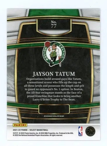 Back of 2021 Panini Select Blue Jayson Tatum Celtics trading card with original gloss