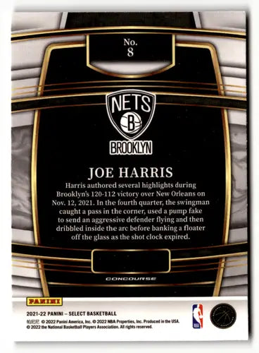 Black and gold Joe Harris basketball card from 2021 Panini Select Blue series