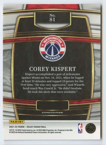 Original gloss Panini Select Blue Corey Kispert NBA trading card Wizards Concourse