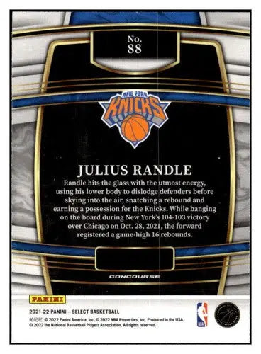Back of a Julius Randle New York Knicks Panini Select Blue trading card with original gloss