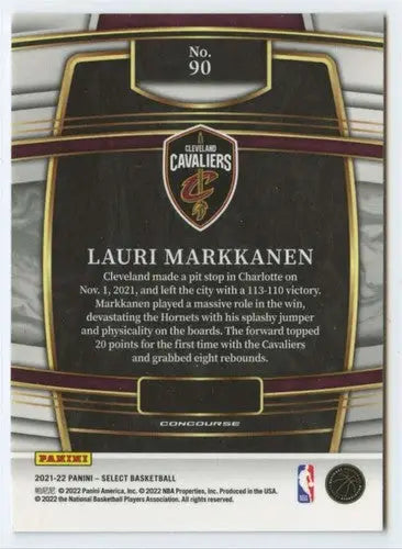 Back of a Lauri Markkanen basketball trading card from Panini Select Blue series