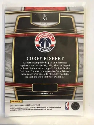 Collectible Corey Kispert basketball trading card from Panini Select Blue Prizms series