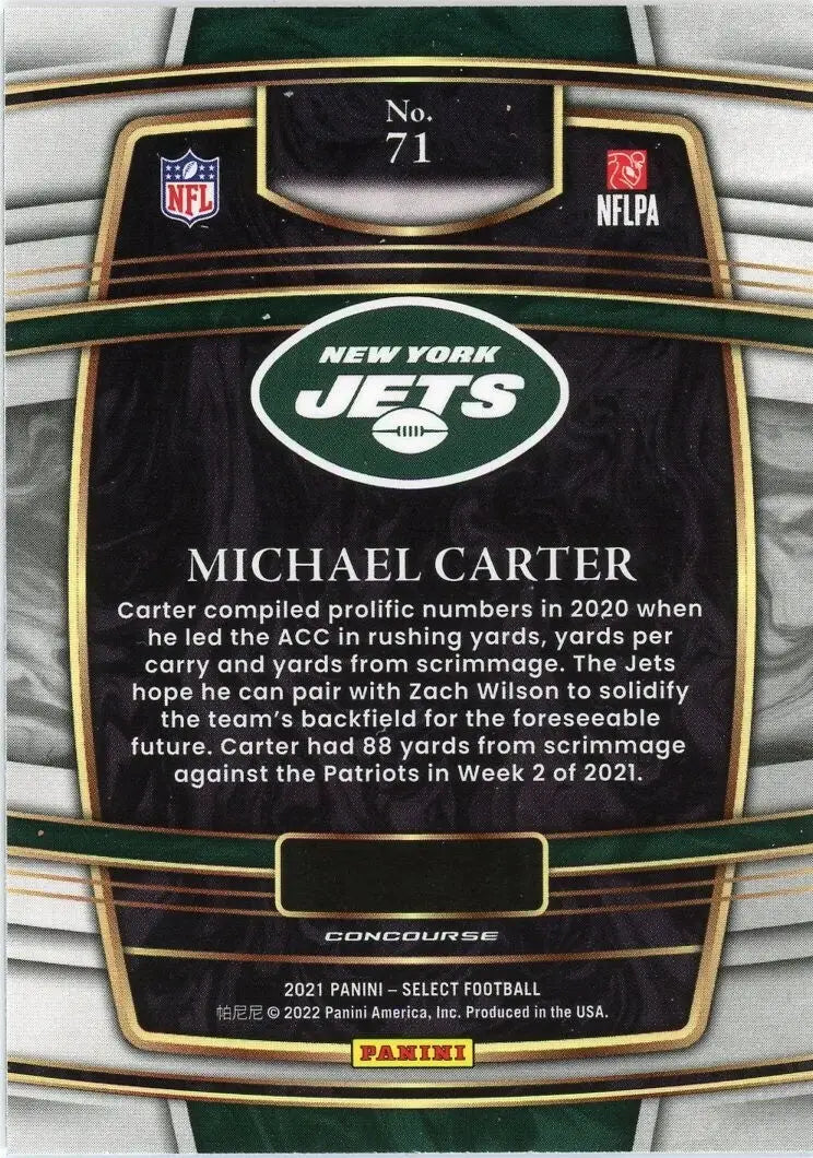 2021 Panini Select Concourse #71 Michael Carter Rookie New York Jets Football - Football Card Single