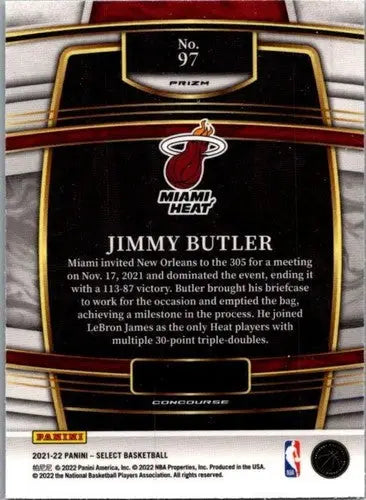 Back of 2021-22 Panini Select Green White Purple Prizms Jimmy Butler Miami Heat card
