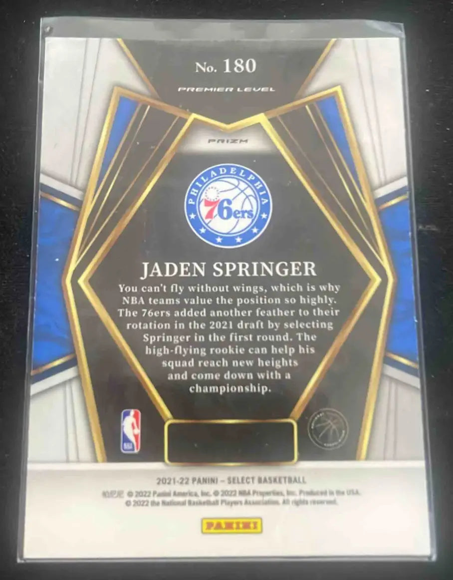 Back of a 2021 Panini Select Jaden Springer Blue RC basketball card in retail edition