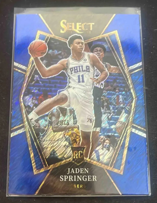 Blue basketball trading card featuring Jaden Springer from Panini Select Jaden series