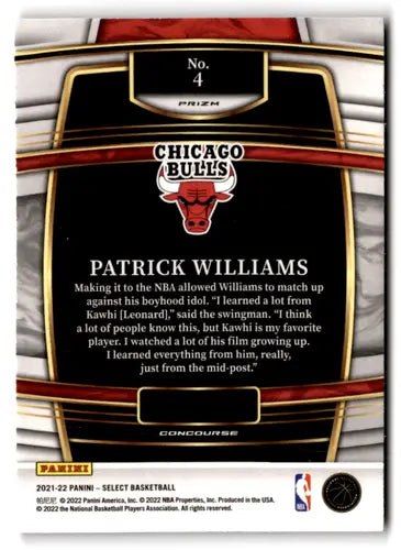 Patrick Williams basketball card from 2021 Panini Select Orange Flash Prizms series