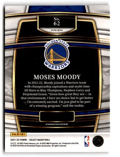 Moses Moody basketball card from Panini Select Orange Flash Prizms product featuring original gloss