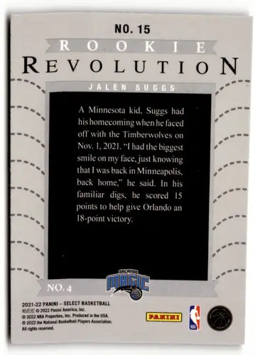 Back of a Jalen Suggs Panini Select Rookie Revolution NBA basketball card