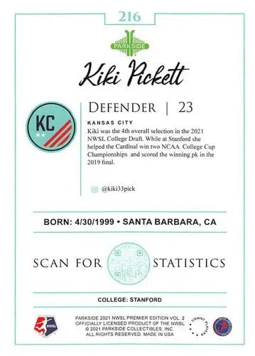 2021 Parkside NWSL Volume 2 Kiki Pickett soccer card with original gloss