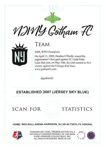 NJ NY Gotham FC trading card from 2021 Parkside NWSL Volume 2 featuring the Gotham team